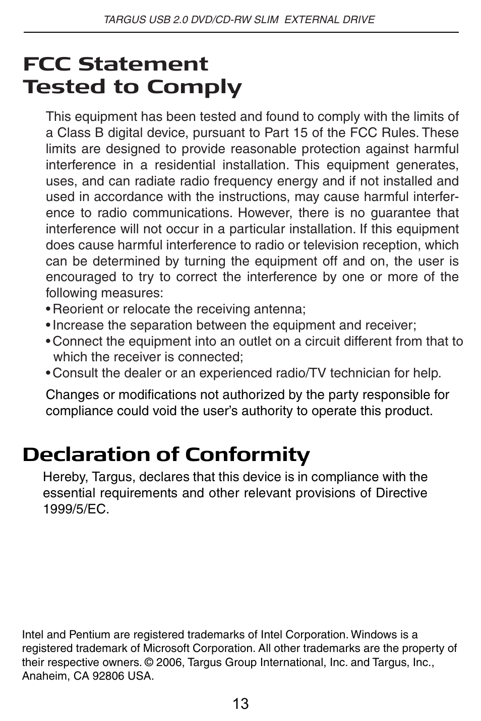 Fcc statement tested to comply, Declaration of conformity | Targus PACMB010U User Manual | Page 14 / 14