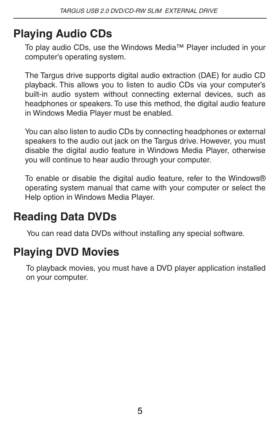 Playing audio cds, Reading data dvds, Playing dvd movies | Targus PACMB010U User Manual | Page 6 / 14