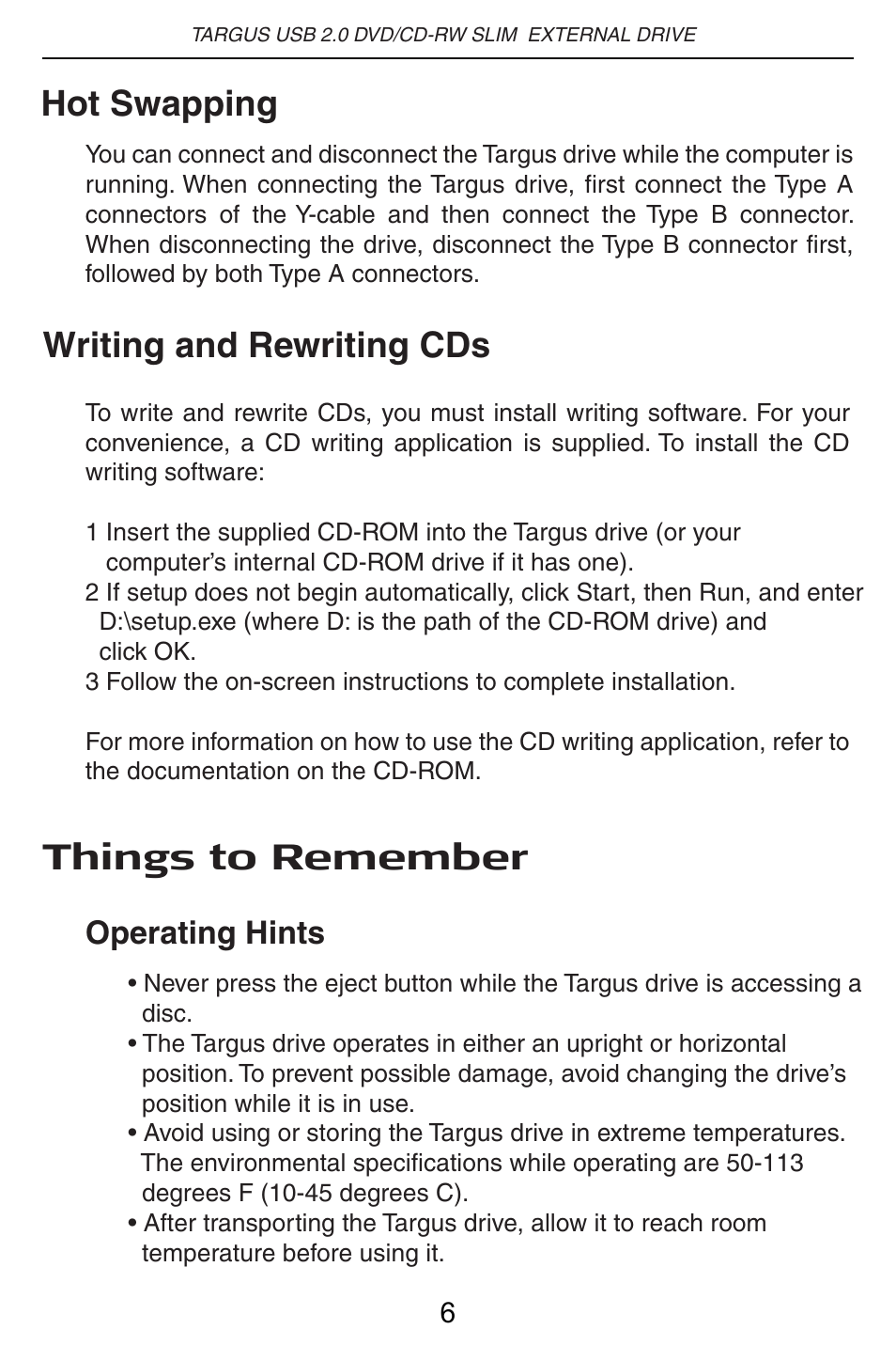 Hot swapping, Writing and rewriting cds, Things to remember | Targus PACMB010U User Manual | Page 7 / 14