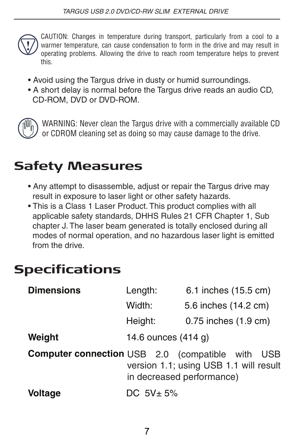 Safety measures, Specifications | Targus PACMB010U User Manual | Page 8 / 14