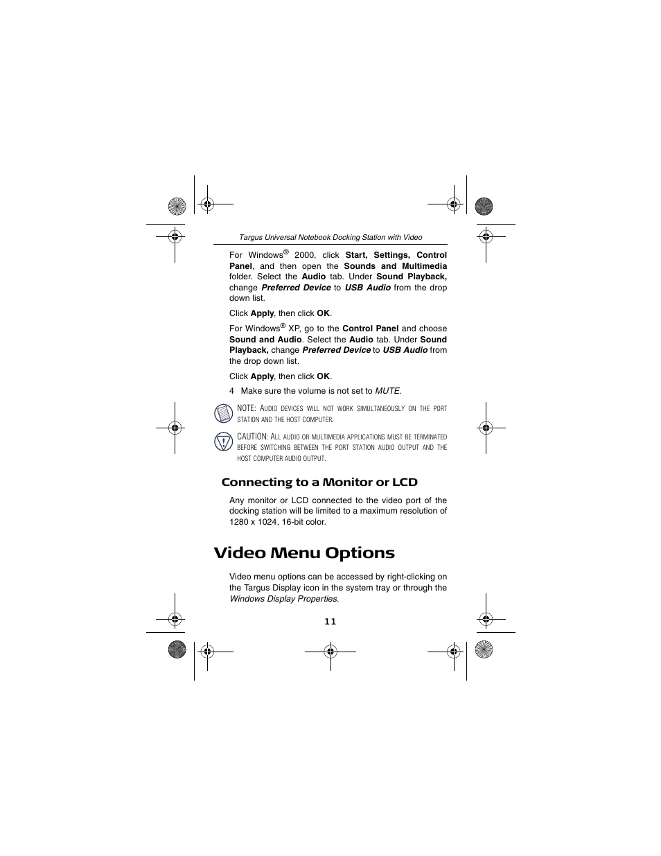 Video menu options, Connecting to a monitor or lcd | Targus NOTEBOOK DOCKING station with video User Manual | Page 11 / 19