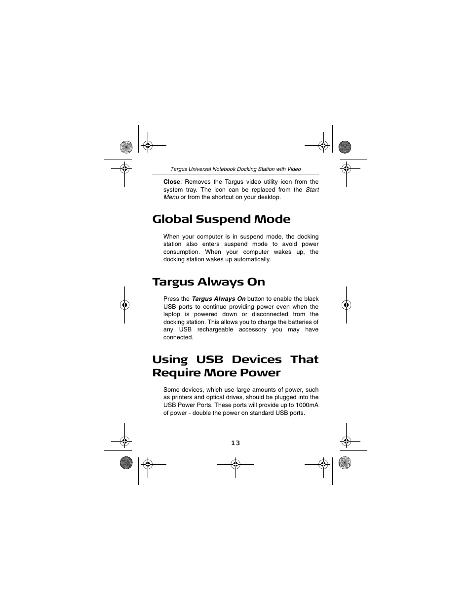 Global suspend mode, Targus always on, Using usb devices that require more power | Targus NOTEBOOK DOCKING station with video User Manual | Page 13 / 19