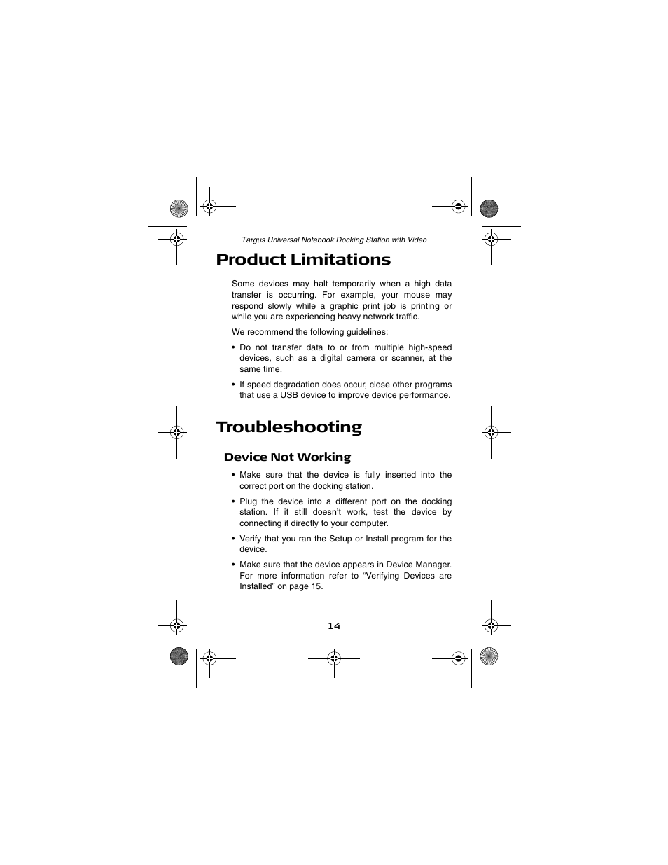 Product limitations, Troubleshooting | Targus NOTEBOOK DOCKING station with video User Manual | Page 14 / 19