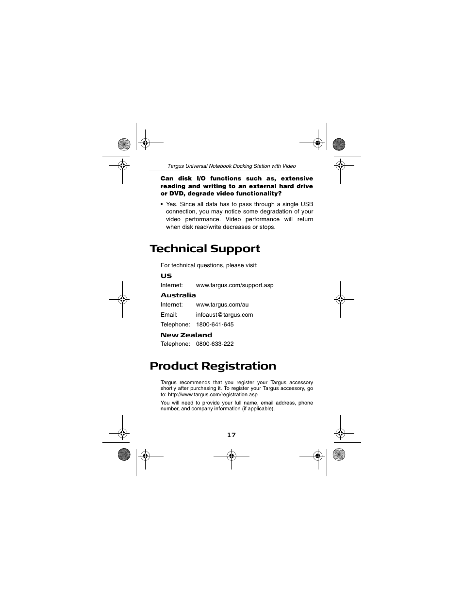 Technical support, Product registration | Targus NOTEBOOK DOCKING station with video User Manual | Page 17 / 19