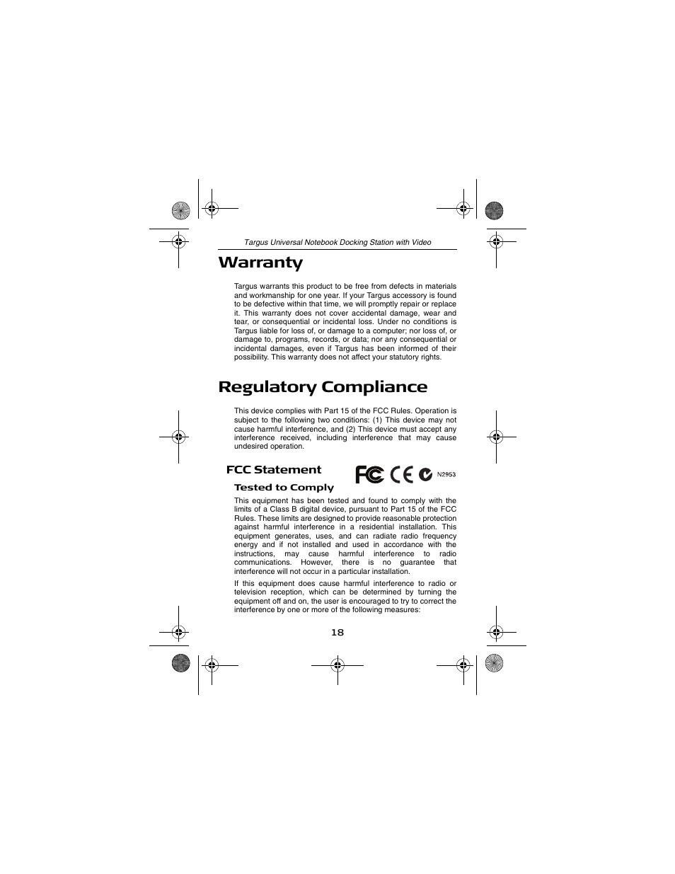 Warranty, Regulatory compliance | Targus NOTEBOOK DOCKING station with video User Manual | Page 18 / 19