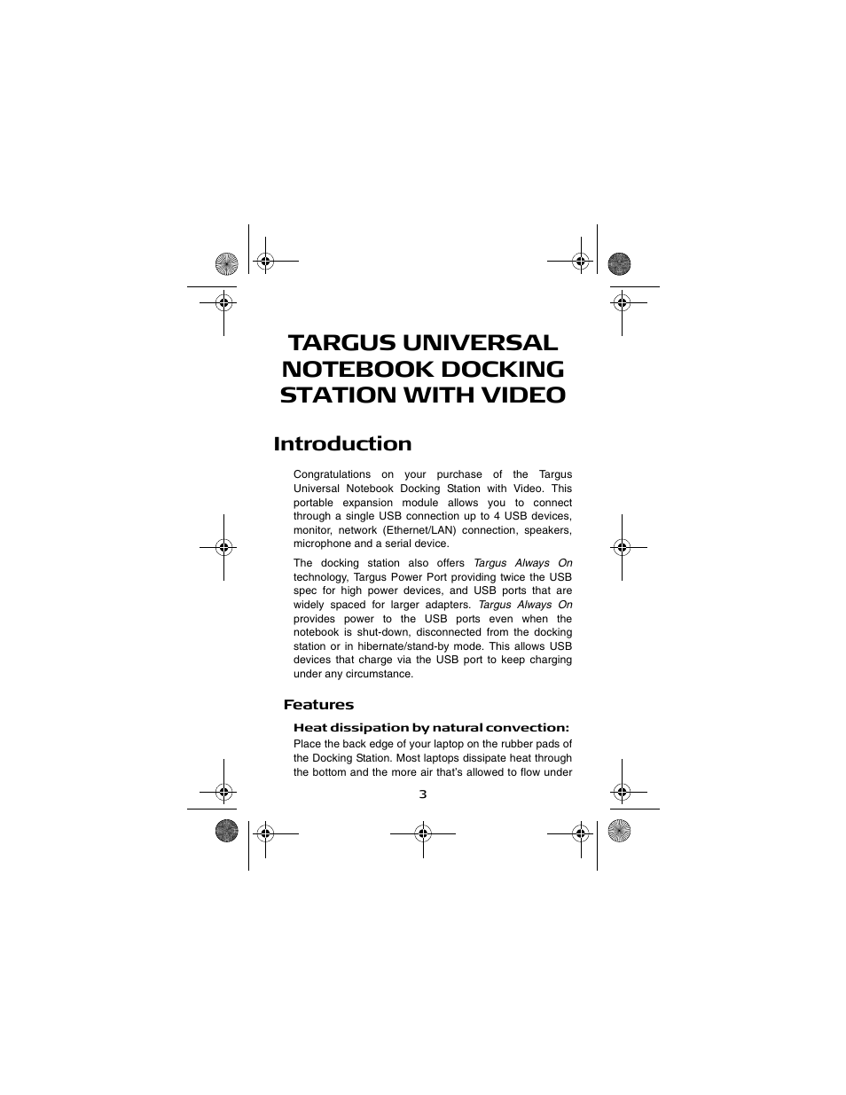 Introduction | Targus NOTEBOOK DOCKING station with video User Manual | Page 3 / 19