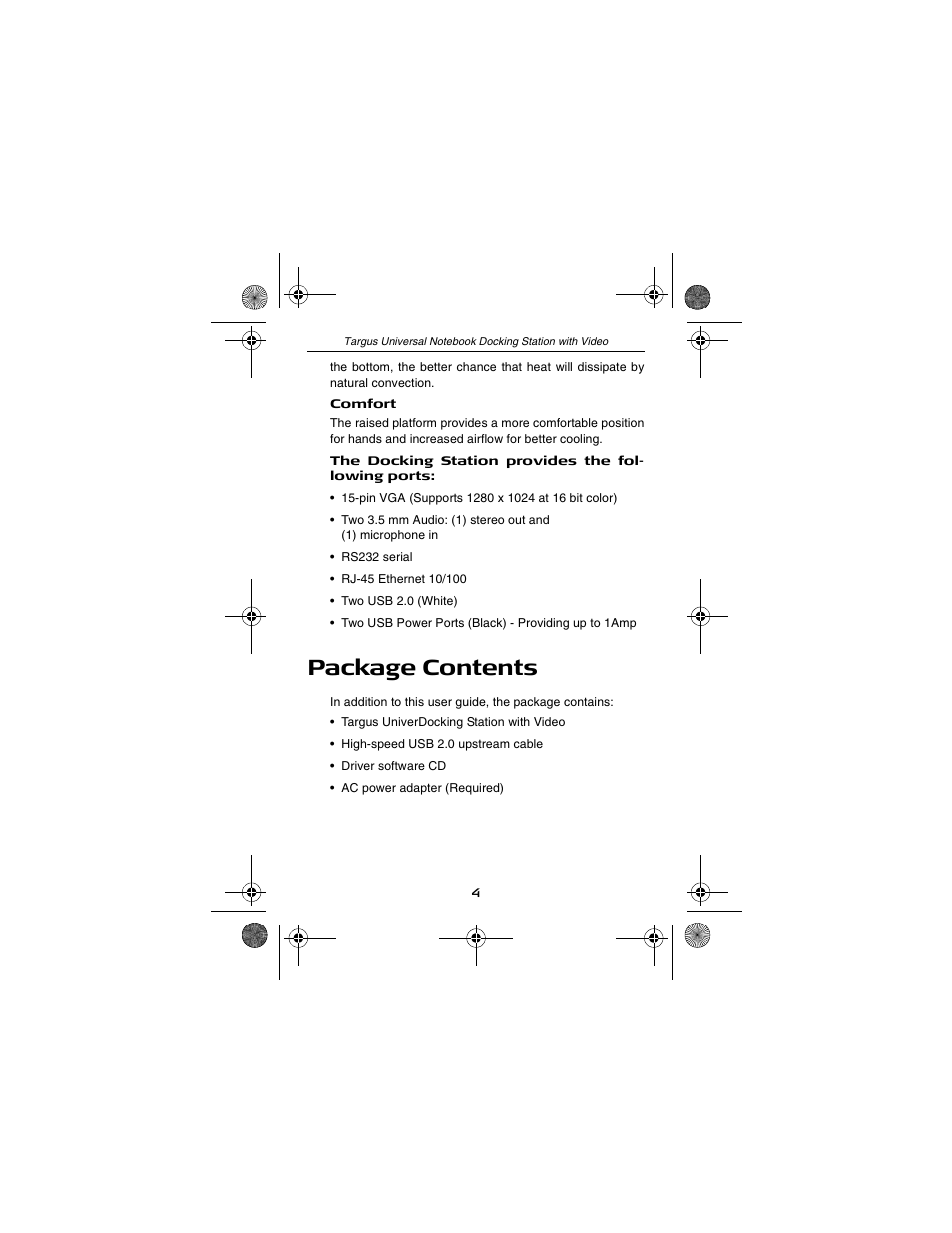 Package contents | Targus NOTEBOOK DOCKING station with video User Manual | Page 4 / 19