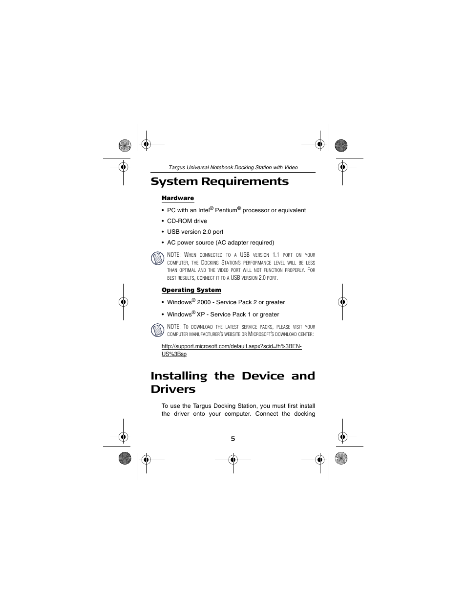 System requirements, Installing the device and drivers | Targus NOTEBOOK DOCKING station with video User Manual | Page 5 / 19