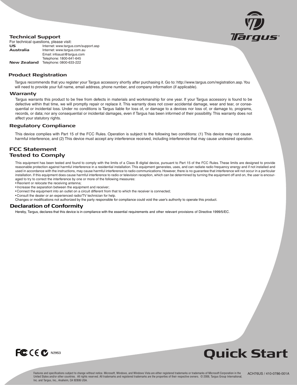 Quick start | Targus ACH76US User Manual | Page 2 / 2