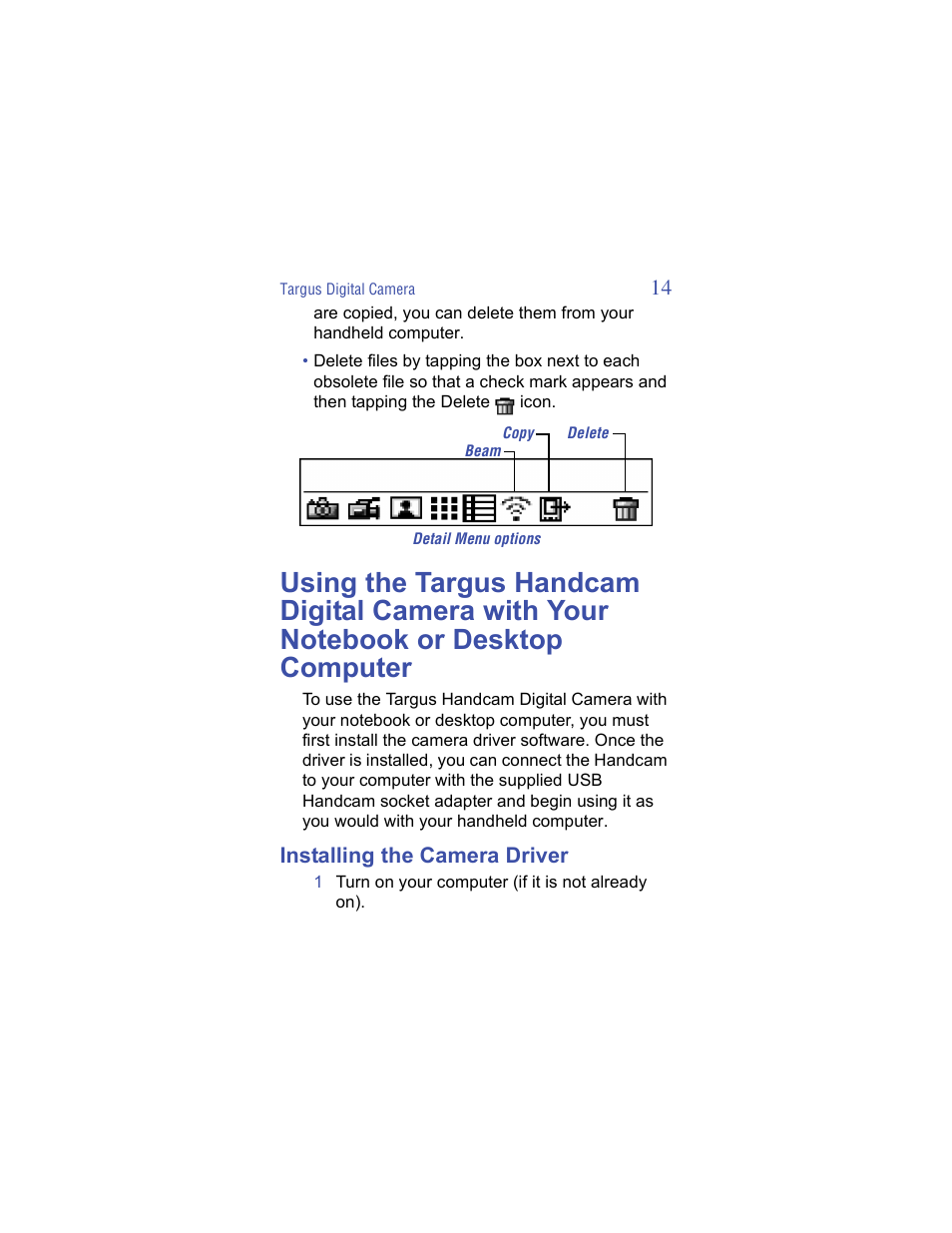 Installing the camera driver | Targus Handspring Digital Camera User Manual | Page 14 / 33