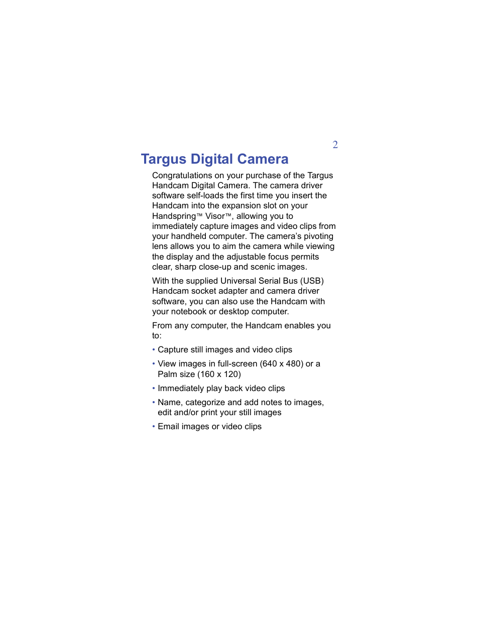 Targus digital camera | Targus Handspring Digital Camera User Manual | Page 2 / 33