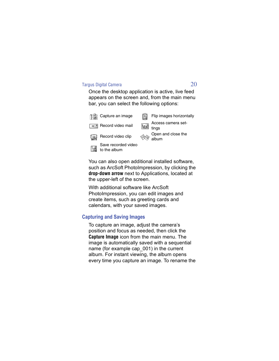Capturing and saving images | Targus Handspring Digital Camera User Manual | Page 20 / 33