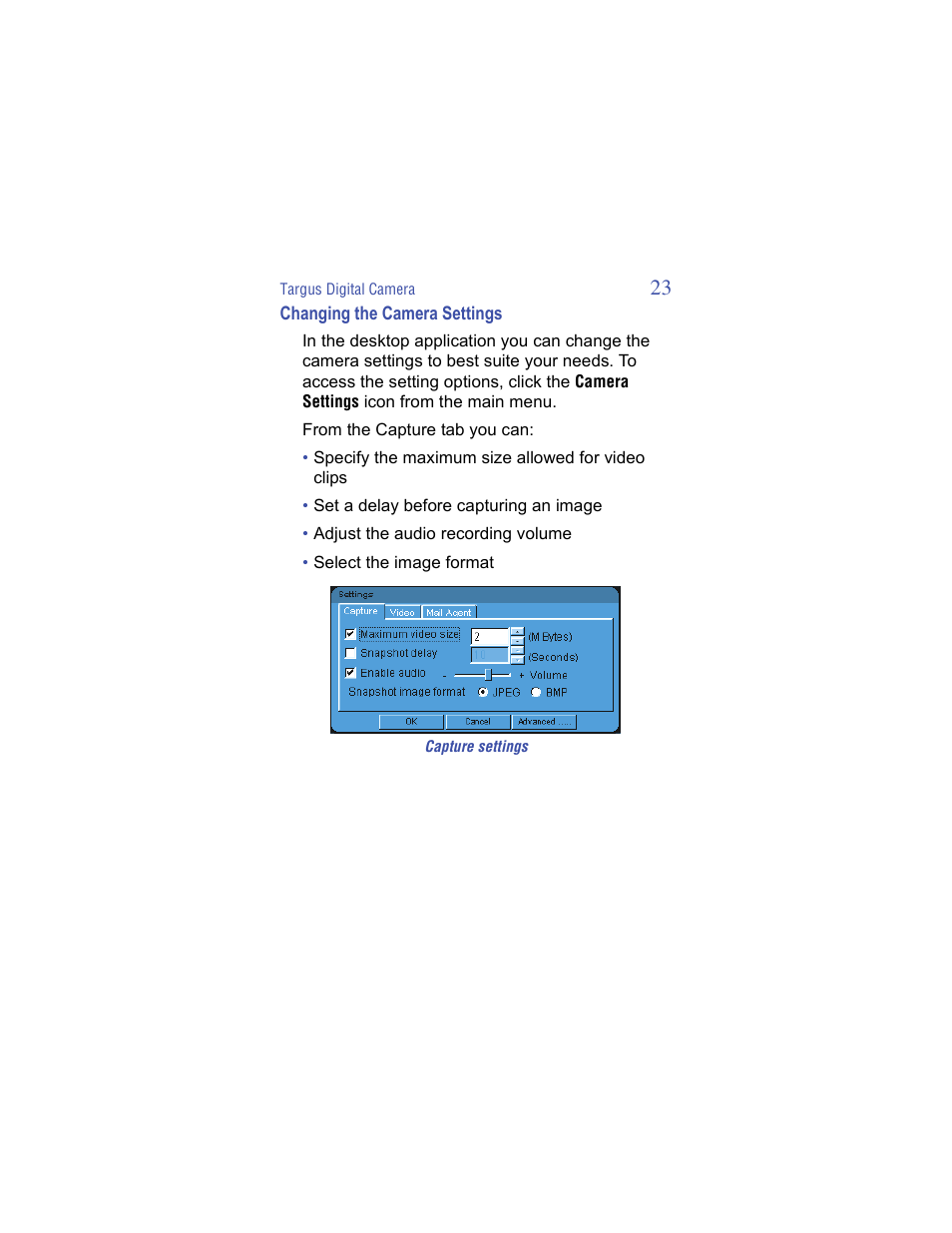 Changing the camera settings | Targus Handspring Digital Camera User Manual | Page 23 / 33