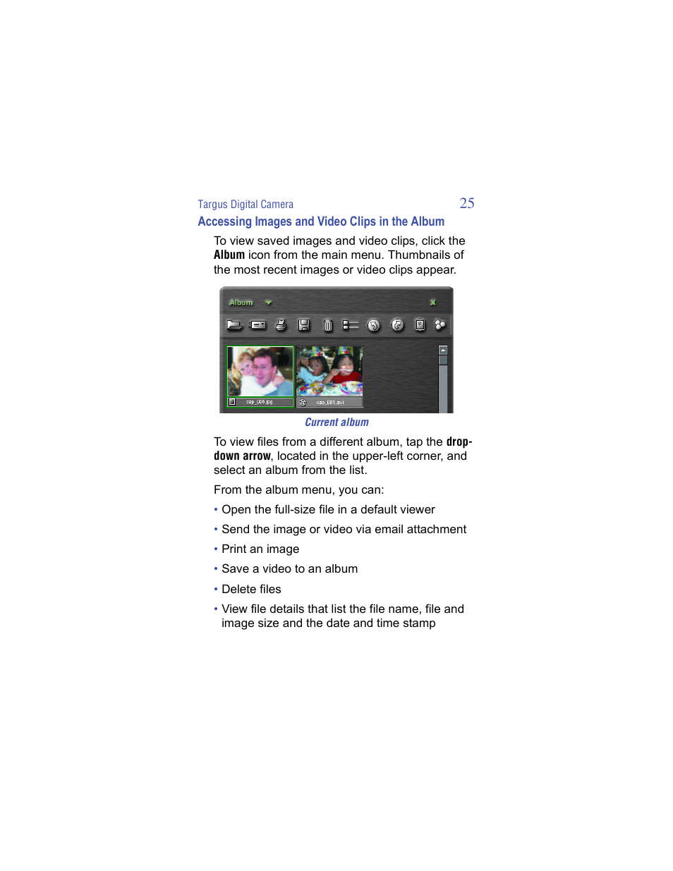 Accessing images and video clips in the album | Targus Handspring Digital Camera User Manual | Page 25 / 33