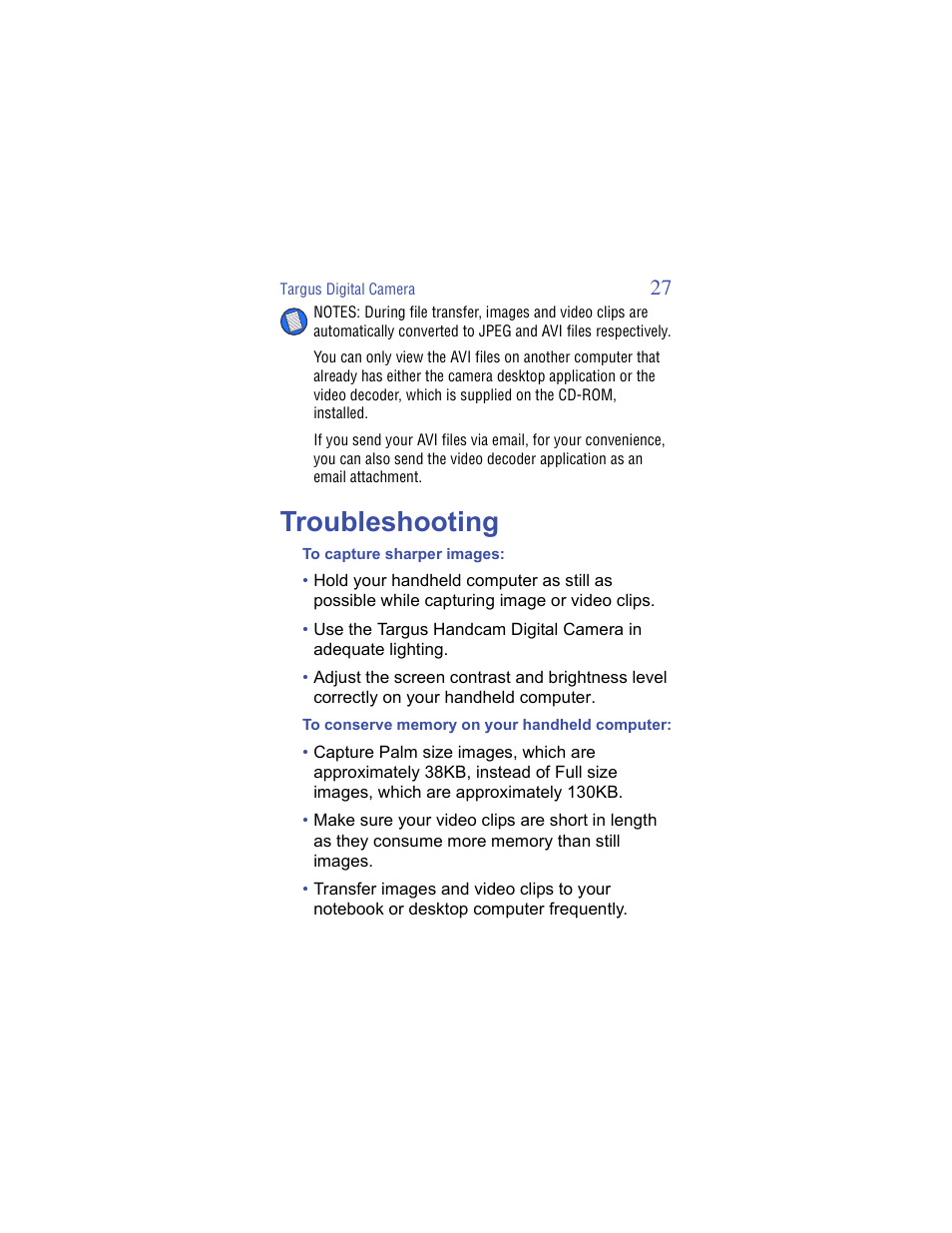 Troubleshooting | Targus Handspring Digital Camera User Manual | Page 27 / 33