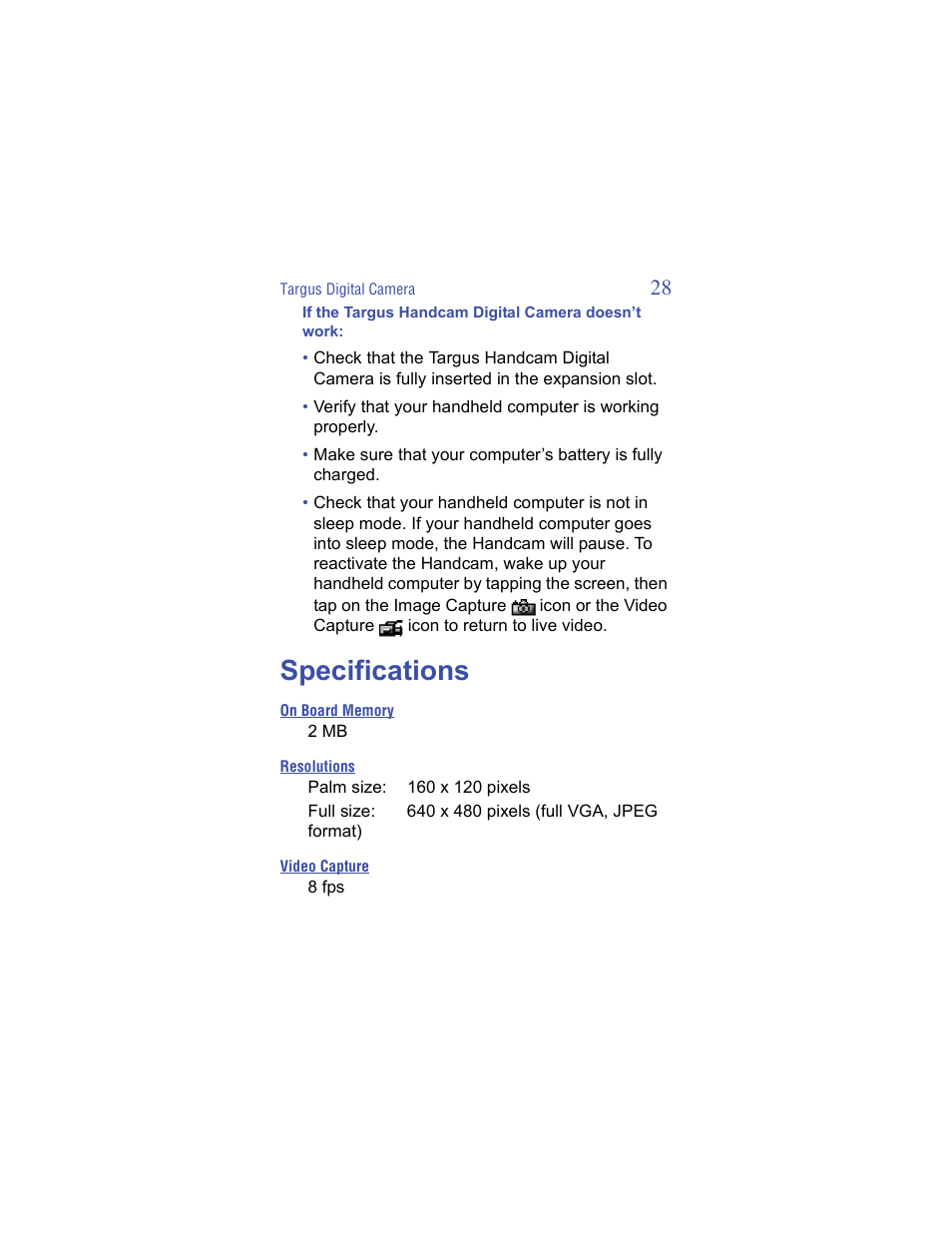 Specifications | Targus Handspring Digital Camera User Manual | Page 28 / 33