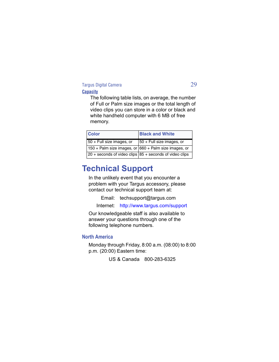 Technical support, North america | Targus Handspring Digital Camera User Manual | Page 29 / 33