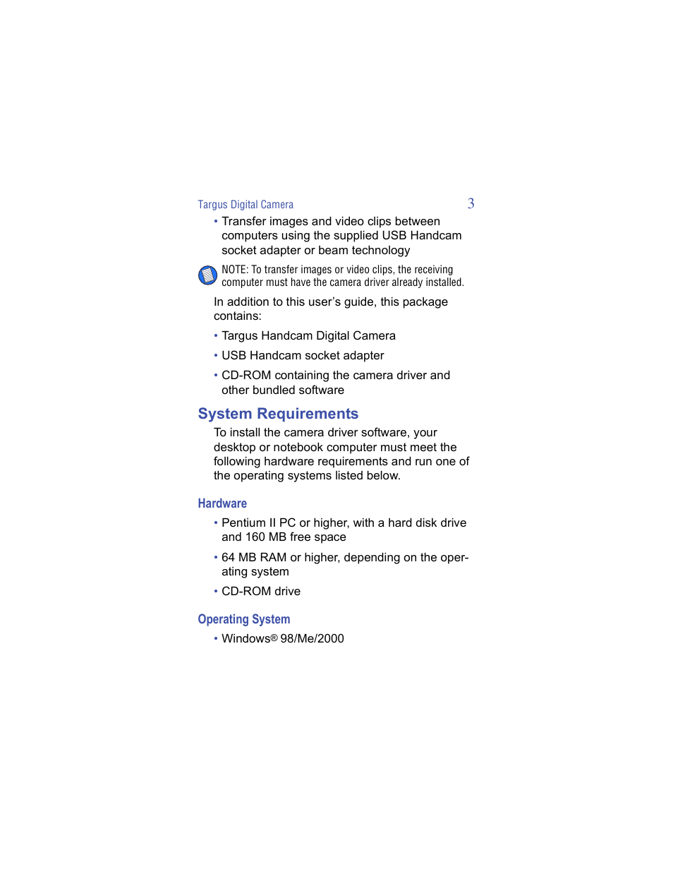 System requirements, Hardware, Operating system | Targus Handspring Digital Camera User Manual | Page 3 / 33