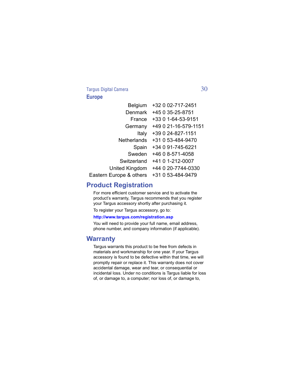 Europe, Product registration, Warranty | Targus Handspring Digital Camera User Manual | Page 30 / 33