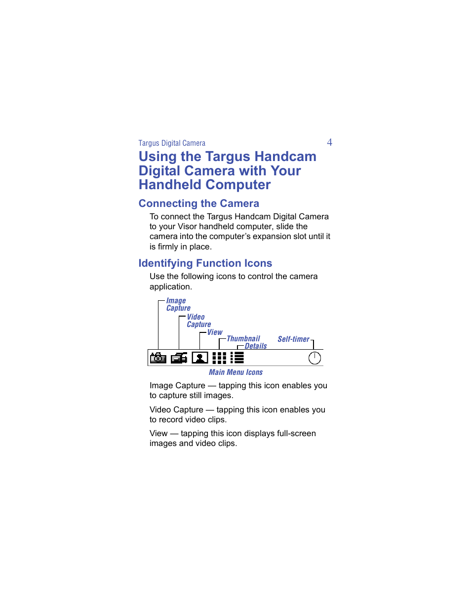 Connecting the camera, Identifying function icons | Targus Handspring Digital Camera User Manual | Page 4 / 33
