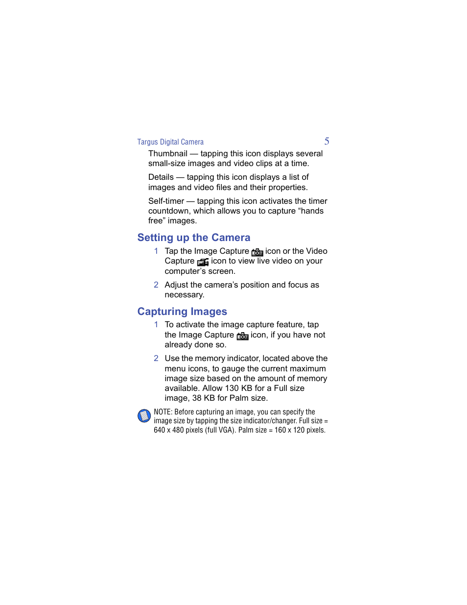 Setting up the camera, Capturing images | Targus Handspring Digital Camera User Manual | Page 5 / 33
