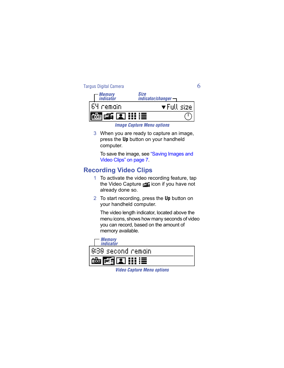 Recording video clips | Targus Handspring Digital Camera User Manual | Page 6 / 33