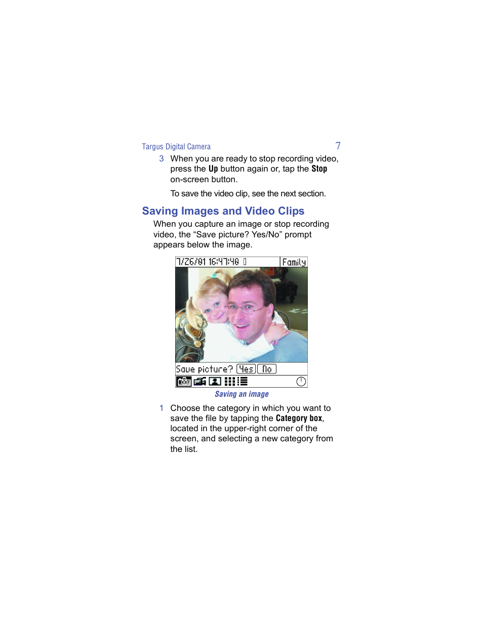 Saving images and video clips | Targus Handspring Digital Camera User Manual | Page 7 / 33