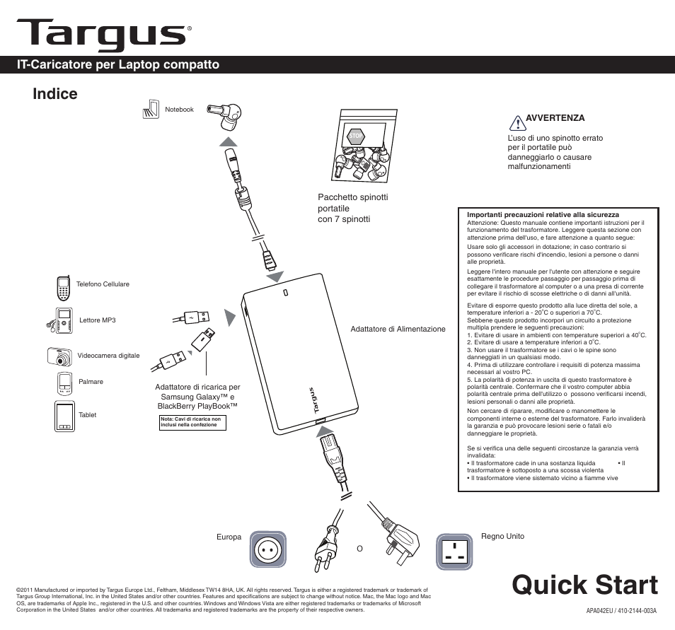 2144-003a (apa042uk)it, Quick start, Indice | It-caricatore per laptop compatto | Targus APA042EU User Manual | Page 13 / 26