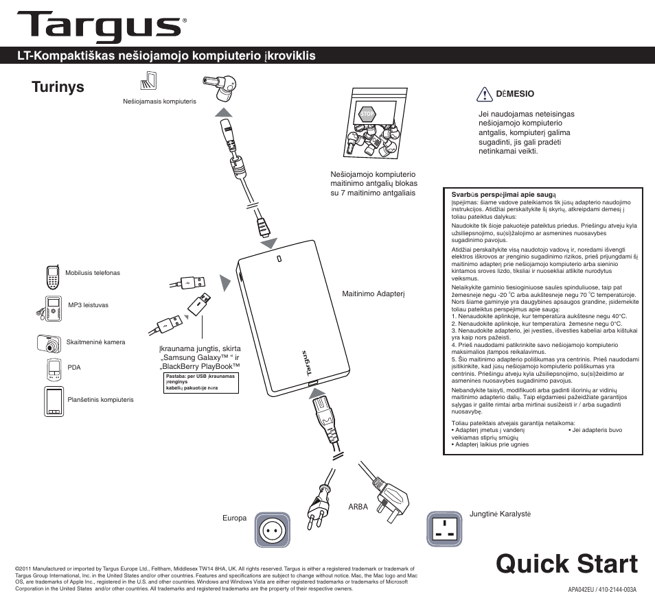 2144-003a (apa042uk)lt, Quick start, Turinys | Targus APA042EU User Manual | Page 14 / 26
