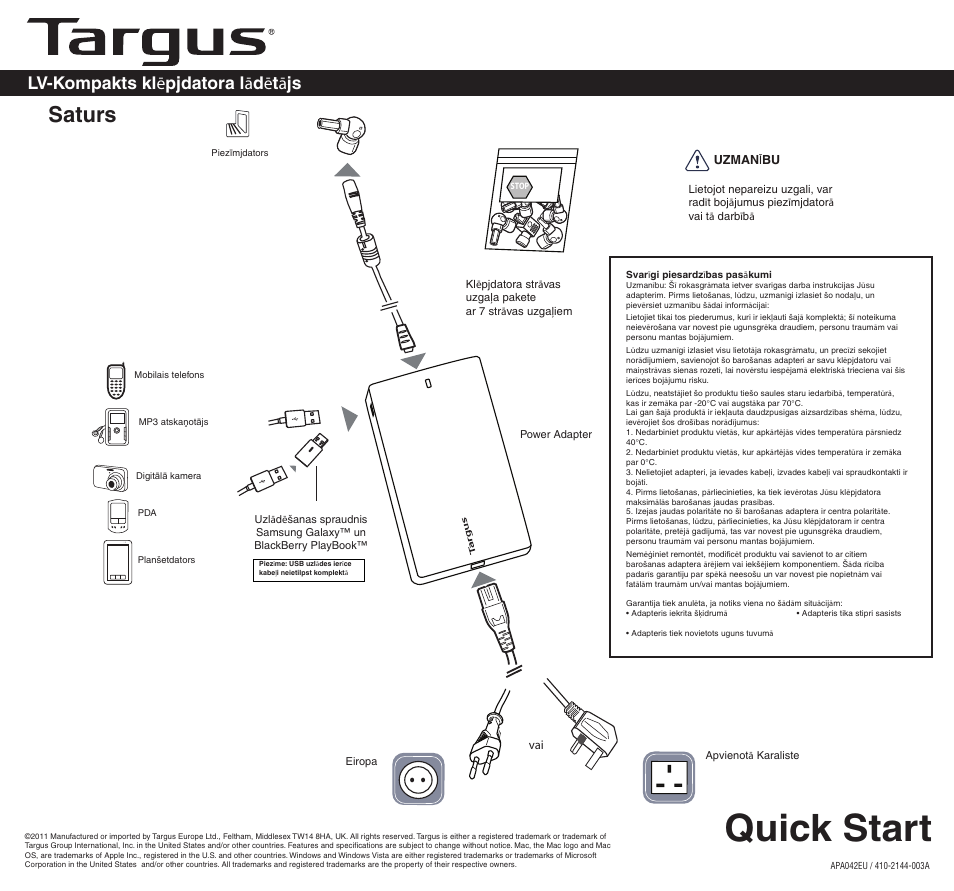 2144-003a (apa042uk)lv, Quick start, Saturs | Targus APA042EU User Manual | Page 15 / 26