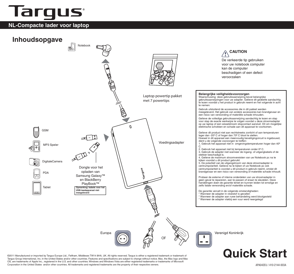 2144-003a (apa042uk)nl, Quick start, Inhoudsopgave | Nl-compacte lader voor laptop | Targus APA042EU User Manual | Page 16 / 26