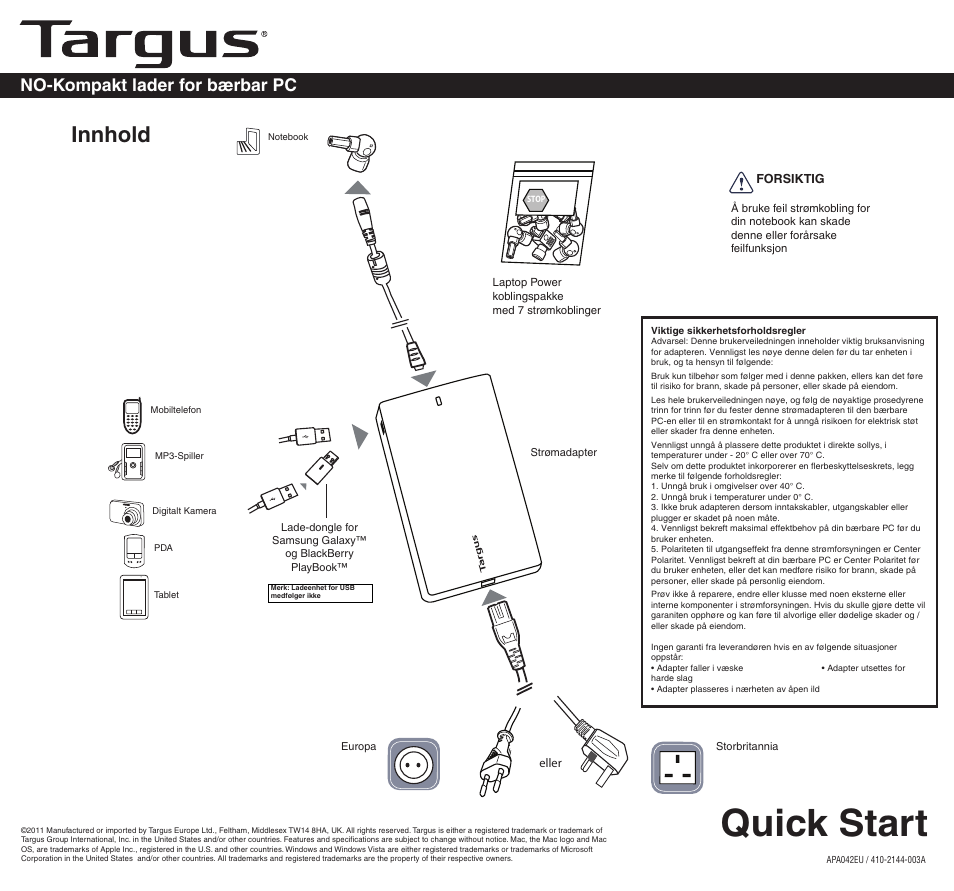 2144-003a (apa042uk)no, Quick start, Innhold | No-kompakt lader for bærbar pc | Targus APA042EU User Manual | Page 17 / 26