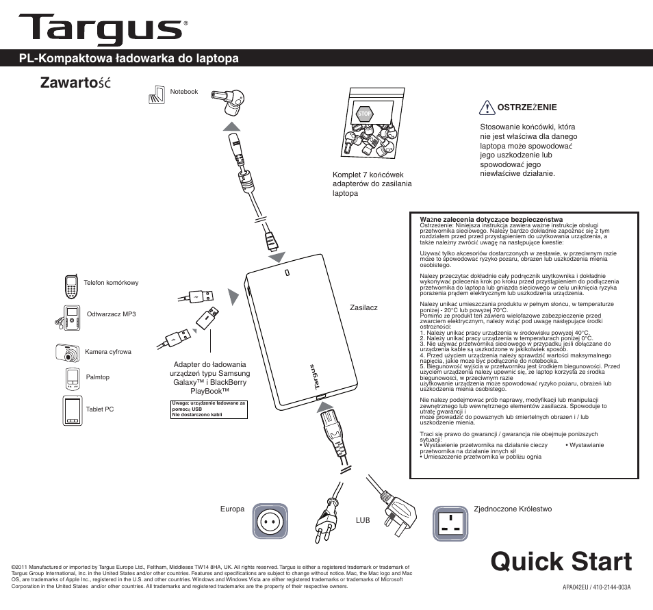 2144-003a (apa042uk)pl, Quick start, Zawarto ść | Pl-kompaktowa ładowarka do laptopa | Targus APA042EU User Manual | Page 18 / 26