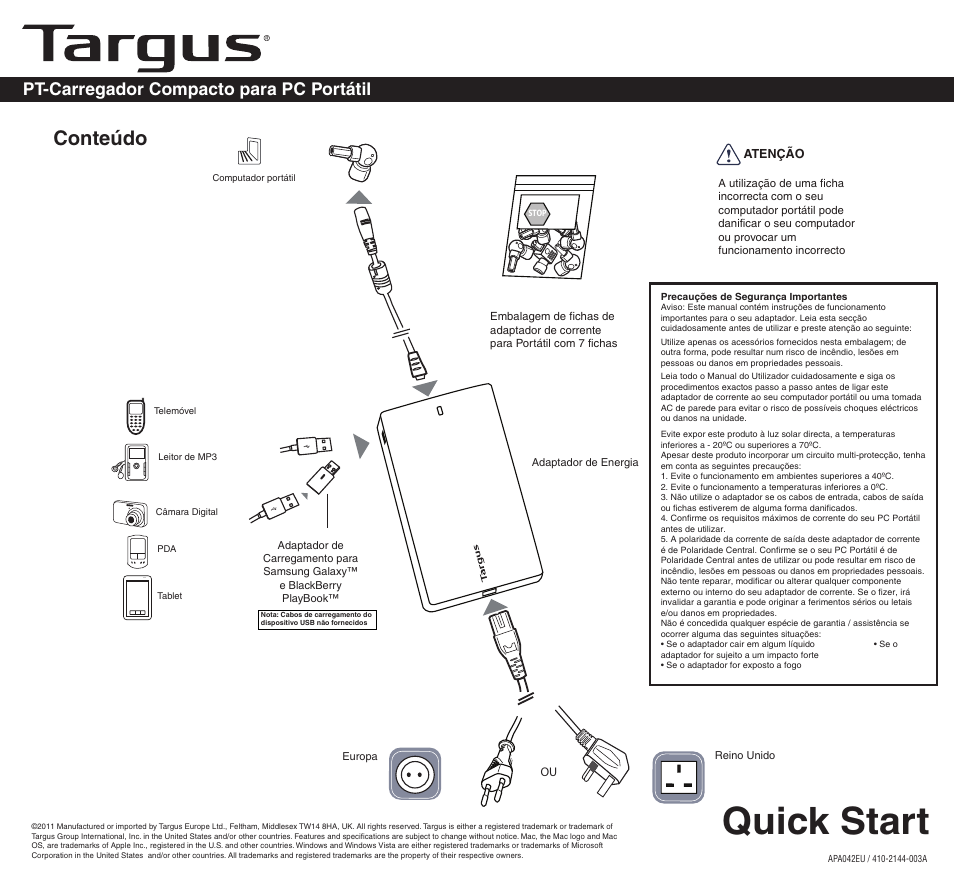 2144-003a (apa042uk)pt, Quick start, Conteúdo | Pt-carregador compacto para pc portátil | Targus APA042EU User Manual | Page 19 / 26