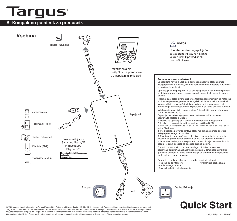 2144-003a (apa042uk)si, Quick start, Vsebina | Si-kompakten polnilnik za prenosnik | Targus APA042EU User Manual | Page 23 / 26