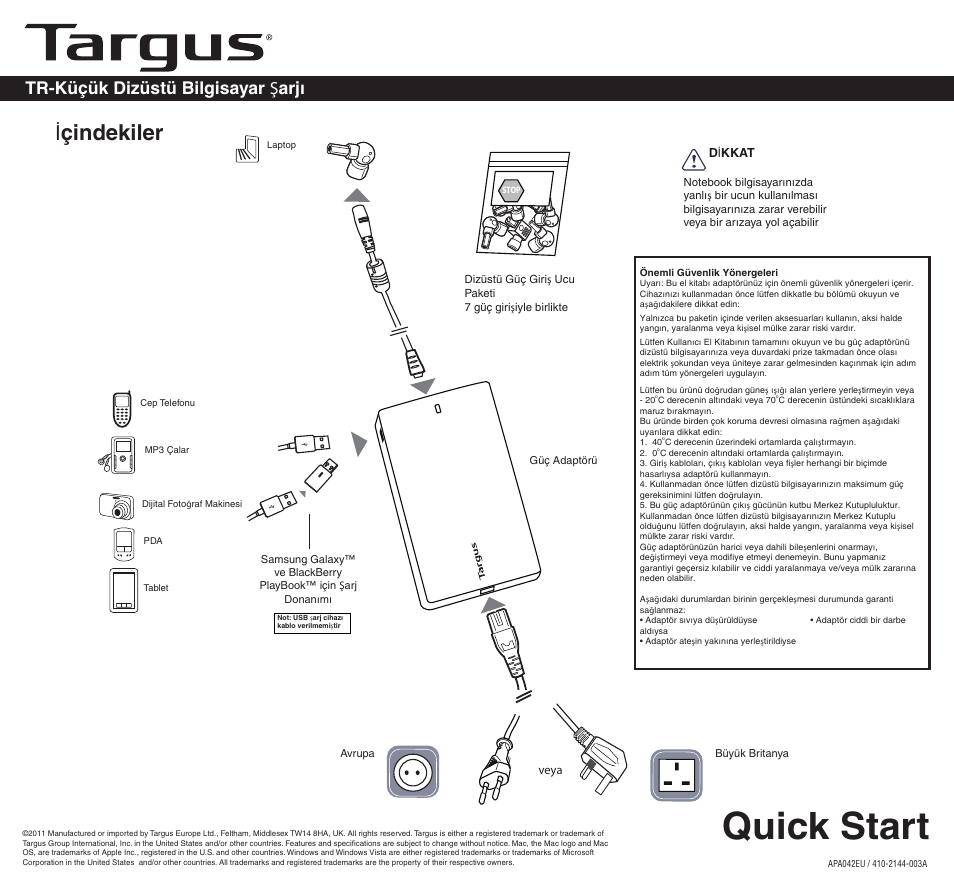 2144-003a (apa042uk)tr, Quick start, I çindekiler | Tr-küçük dizüstü bilgisayar ş arjı | Targus APA042EU User Manual | Page 25 / 26