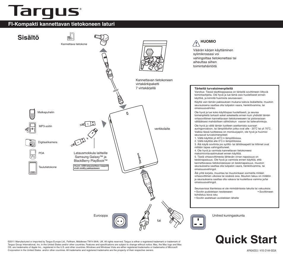 2144-003a (apa042uk)fi, Quick start, Sisältö | Fi-kompakti kannettavan tietokoneen laturi | Targus APA042EU User Manual | Page 8 / 26