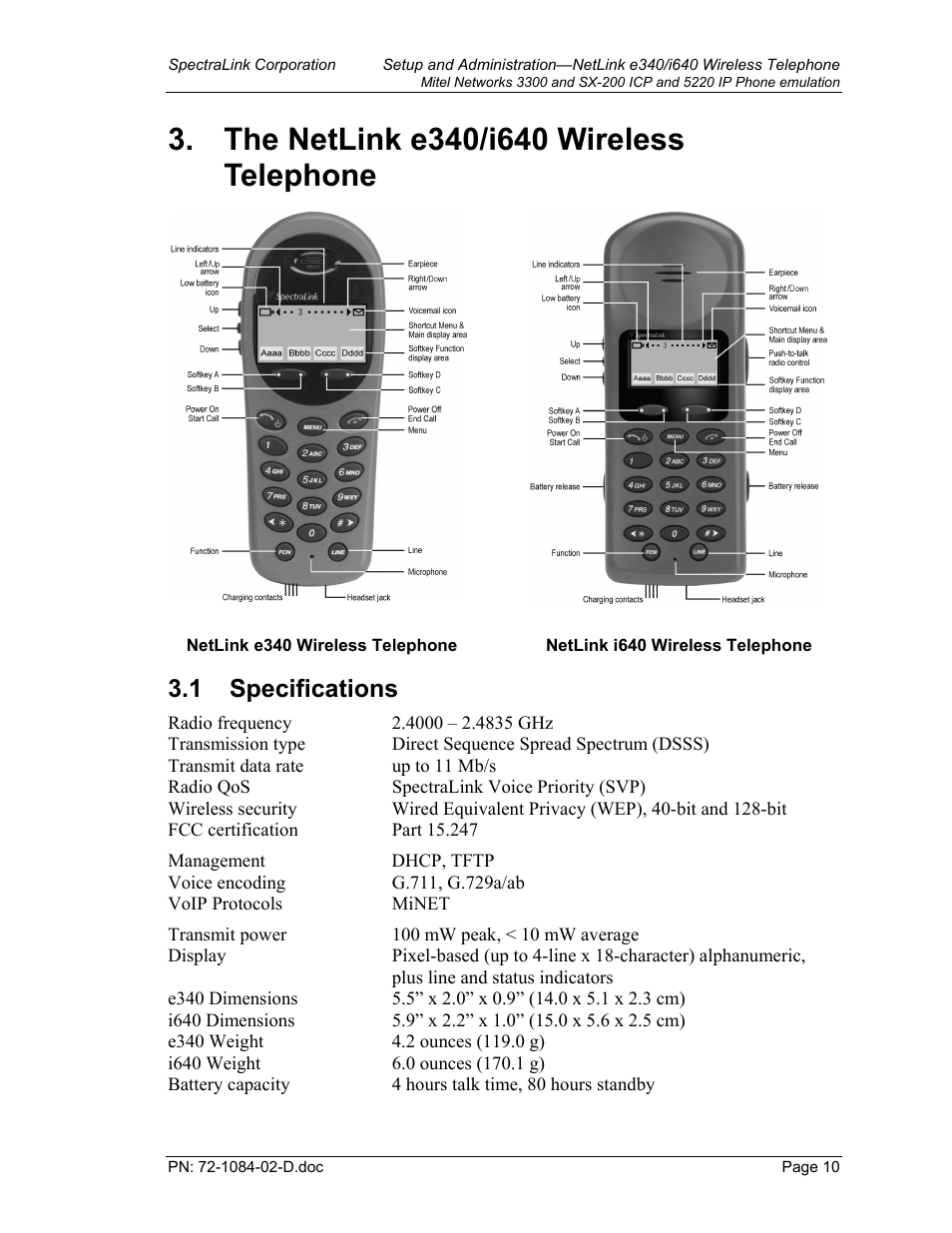 The netlink e340/i640 wireless telephone, Specifications, The netlink e340/i640 wireless telephone 10 | Specifications 10, 1 specifications | Targus netlink e340 User Manual | Page 10 / 47