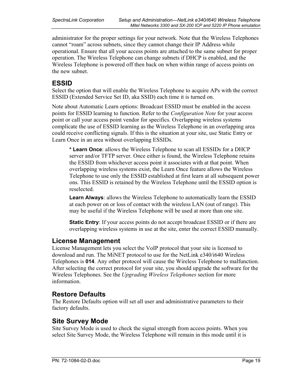 Essid, License management, Restore defaults | Site survey mode | Targus netlink e340 User Manual | Page 19 / 47