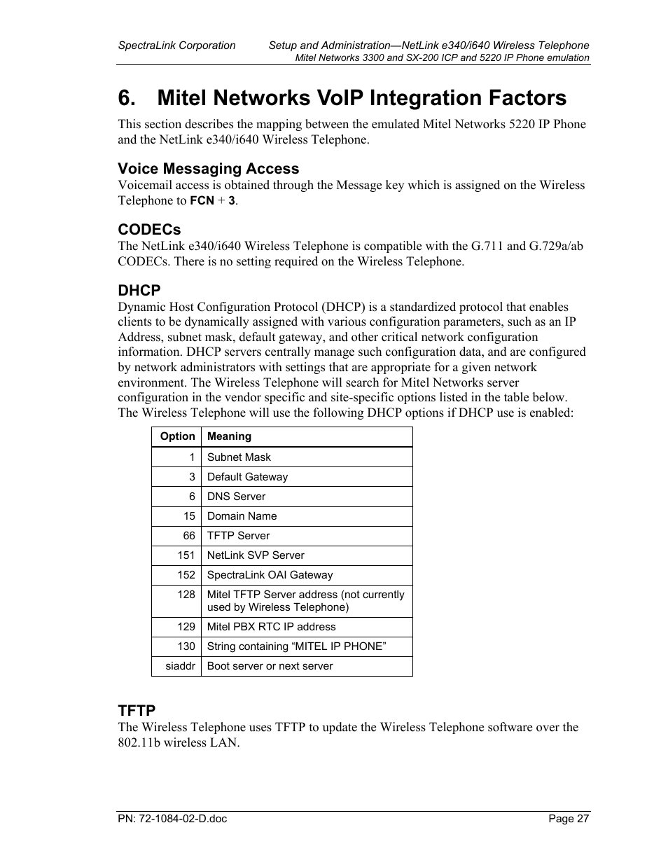Mitel networks voip integration factors, Mitel networks voip integration factors 27, Voice messaging access | Codecs, Dhcp, Tftp | Targus netlink e340 User Manual | Page 27 / 47