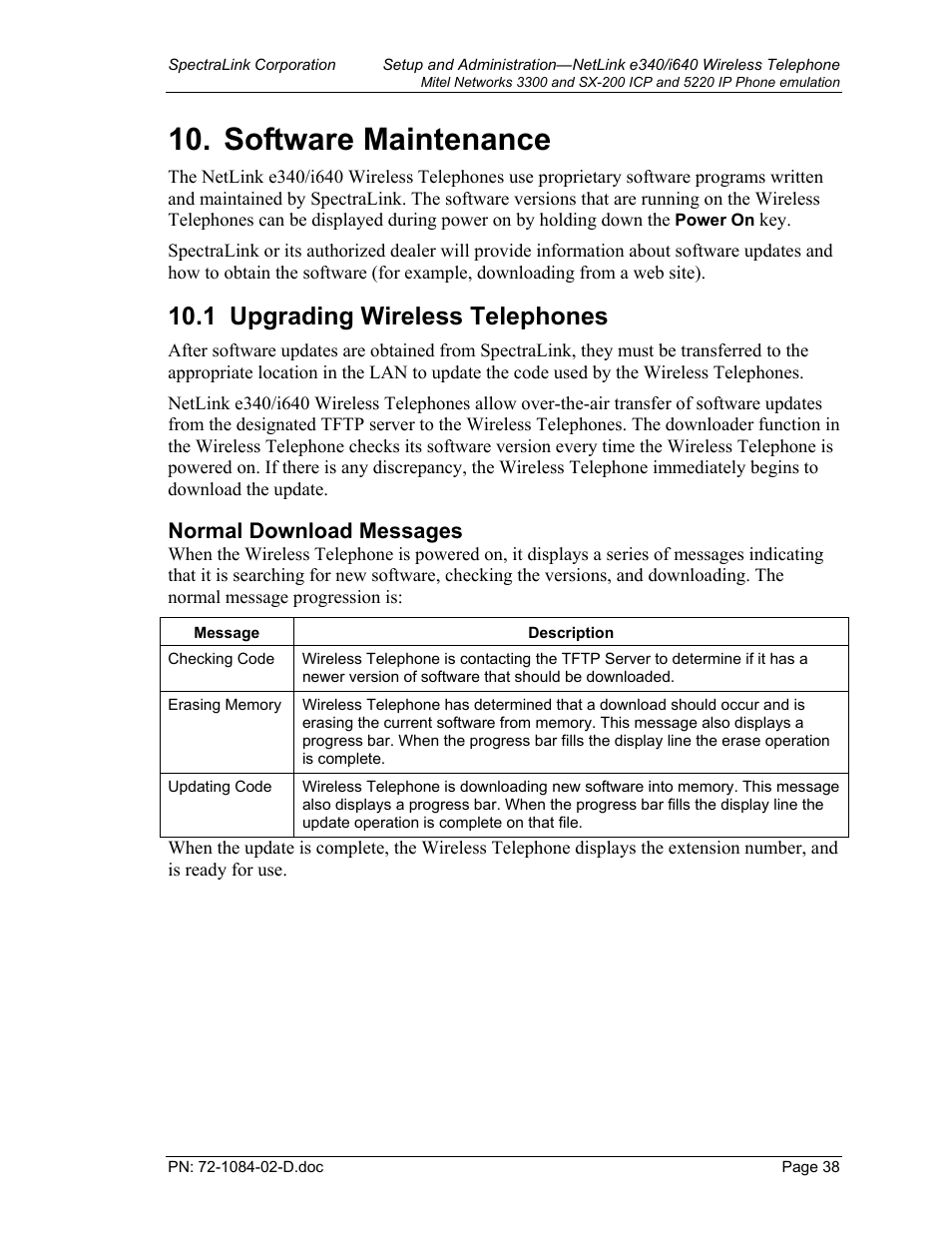 Software maintenance, Upgrading wireless telephones, Software maintenance 38 | Upgrading wireless telephones 38, 1 upgrading wireless telephones, Normal download messages | Targus netlink e340 User Manual | Page 38 / 47