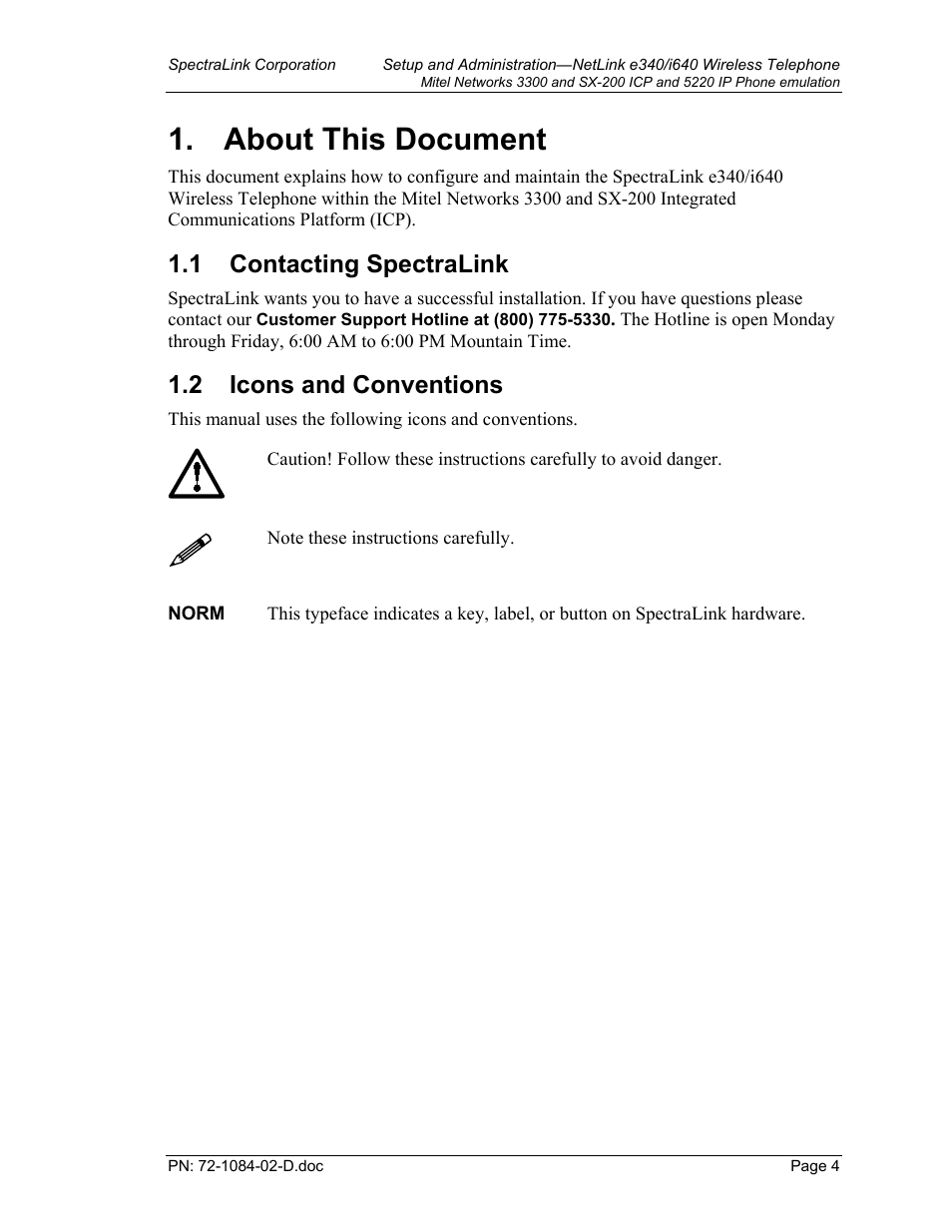 About this document, Contacting spectralink, Icons and conventions | About this document 4, Contacting spectralink 4, Icons and conventions 4, 1 contacting spectralink, 2 icons and conventions | Targus netlink e340 User Manual | Page 4 / 47