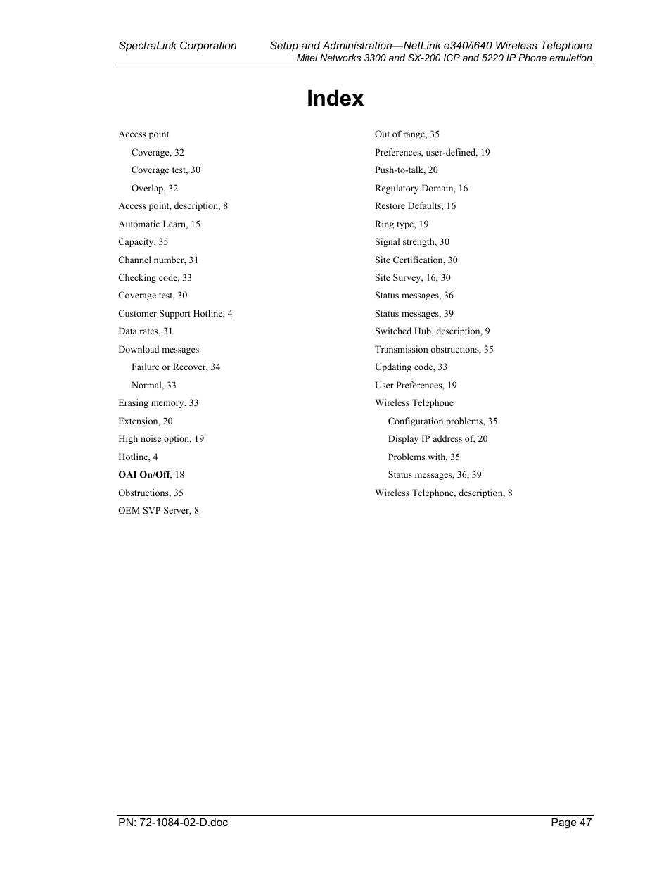 Index | Targus netlink e340 User Manual | Page 47 / 47