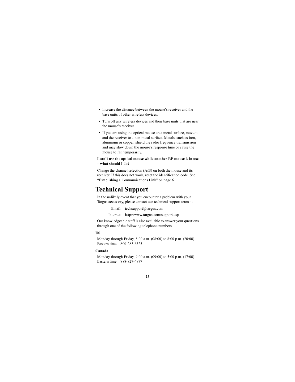 Technical support | Targus 400-0086-001A User Manual | Page 13 / 15