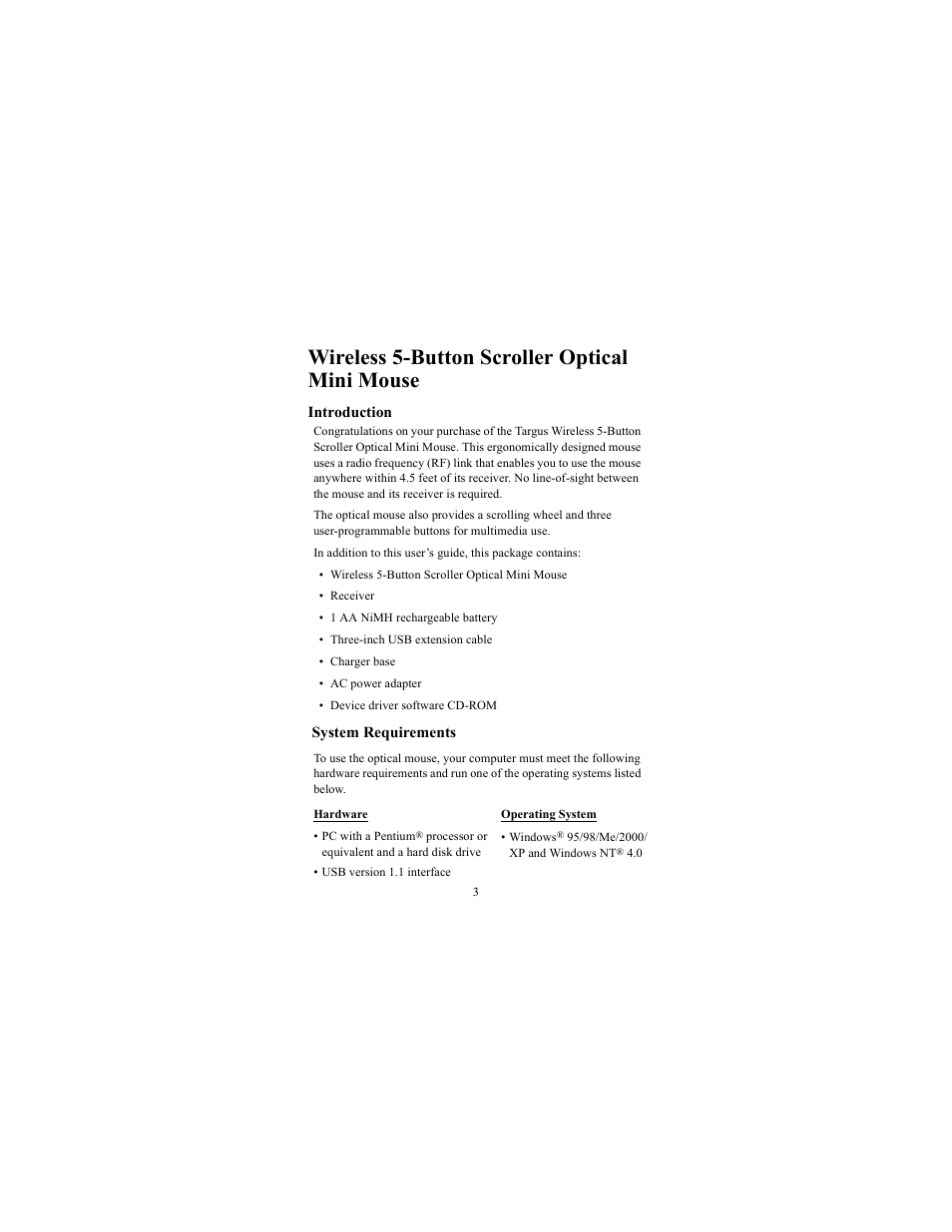 Wireless 5-button scroller optical mini mouse | Targus 400-0086-001A User Manual | Page 3 / 15