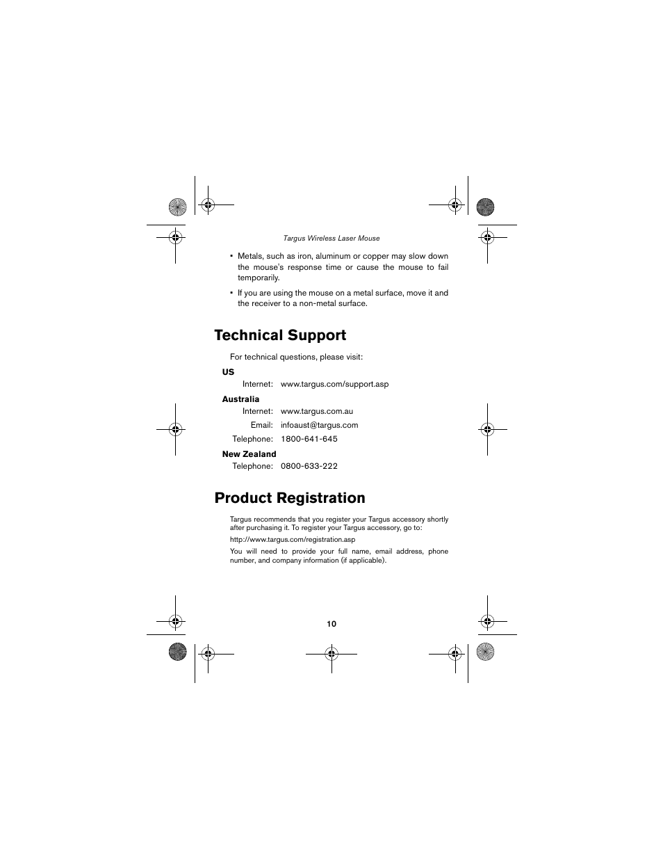 Technical support, Product registration | Targus Wireless Laser Mouse User Manual | Page 10 / 12