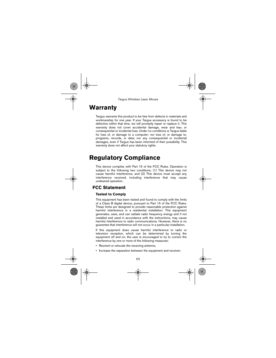 Warranty, Regulatory compliance | Targus Wireless Laser Mouse User Manual | Page 11 / 12