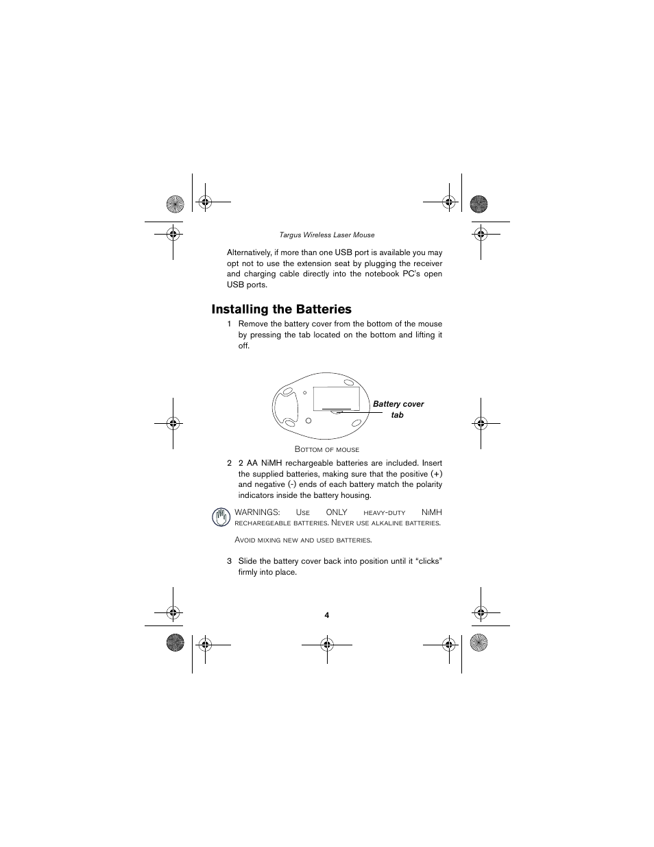 Installing the batteries | Targus Wireless Laser Mouse User Manual | Page 4 / 12