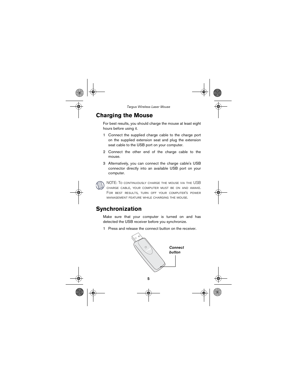 Charging the mouse, Synchronization | Targus Wireless Laser Mouse User Manual | Page 5 / 12