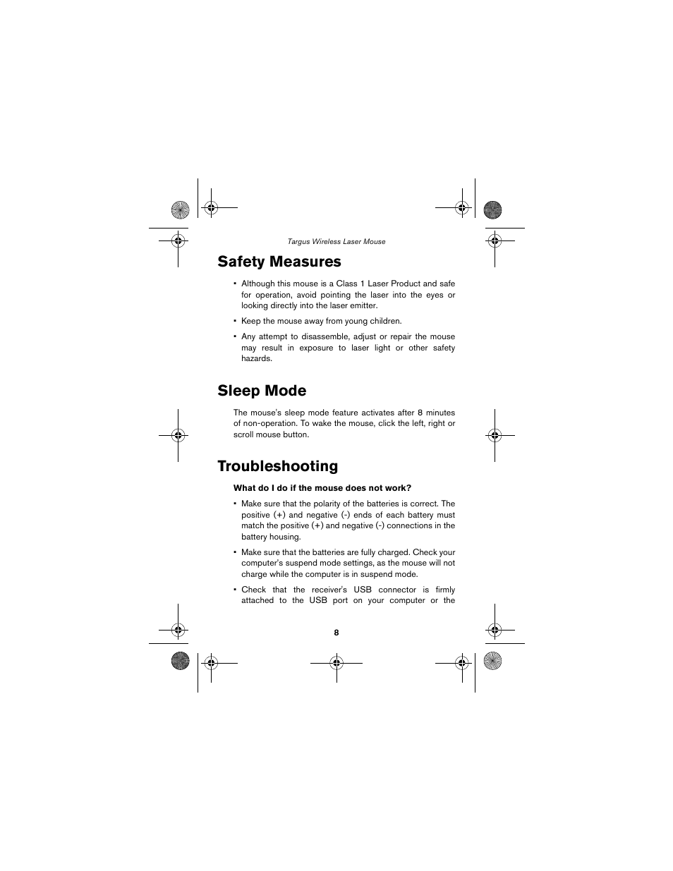 Safety measures, Sleep mode, Troubleshooting | Targus Wireless Laser Mouse User Manual | Page 8 / 12